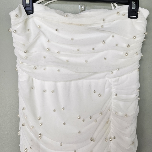 Lulus Toast to Romance White Ruched Pearl Bodycon Midi Dress, Size Large - Picture 9 of 10